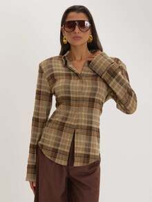 MUSEYN Checked Shoulder Pads Back Cinch Detail Shirts Versatile Everyday Casual Fall - Multicolor - View 1