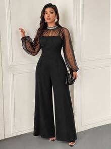 Femmeverse Women Plus Size Elegant Party Tulle Sequin Trim Shawl Strapless Two Pieces Wide Leg Jumpsuit - Black - View 3