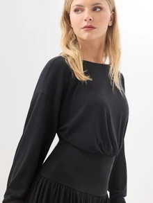 KÆRIA Hus Long Sleeve Blouson Long Dress - Soft Touch Drape Jersey - Black - Drop Waist, Gathered Hem - Black - View 6