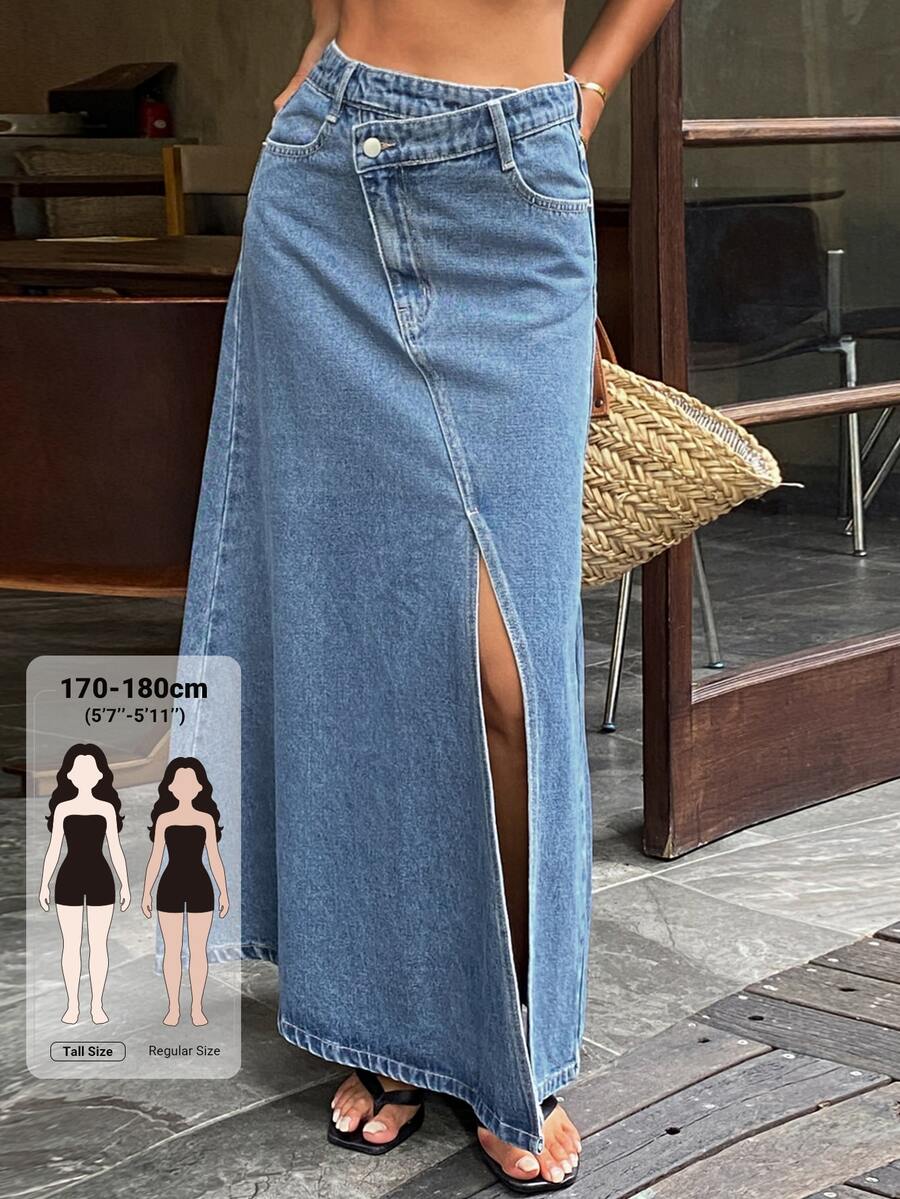 Dazy Tall Women's Asymmetrical Waist Design Split Long Casual Skirt - Medium Wash - View 1