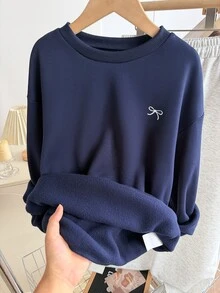 SHEIN Girls Casual Korean Style Patchwork White Lace Embroidered Collar Cuff Flare Sleeve Sweatshirt, Suitable For Travel, School, Commuting Wear - Blue - View 6