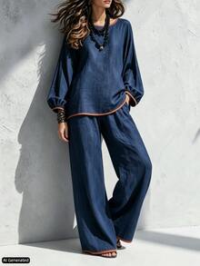 Trelyra Autumn Clothing, Round Neck Contrast Trim Long Sleeve Top And Straight Leg Wide Leg Pants Two Pieces Set, Navy Blue Casual Two Pieces Set, Elegant Commute Two Pieces Set - Navy Blue - View 8