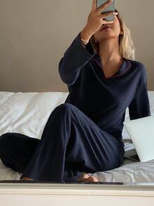 DAZY Women's Solid Color Long Sleeve Top And Pants Casual Daily Loungewear Set - Navy Blue - View 3