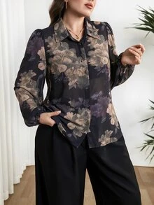 Modelyn Plus Size Floral Print Button Long Sleeve Shirt For Vacation - Multicolor - View 6