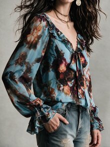 Linhara CURVE Casual Daily Street Vacation Ruffle Hem Random Print Women Plus Size Shirt - Multicolor - View 6