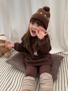 DAZY Gaun Bayi Perempuan Bordir Leher Bulat Bahu Jatuh Lengan Panjang Longgar - Coffee Brown - View 6