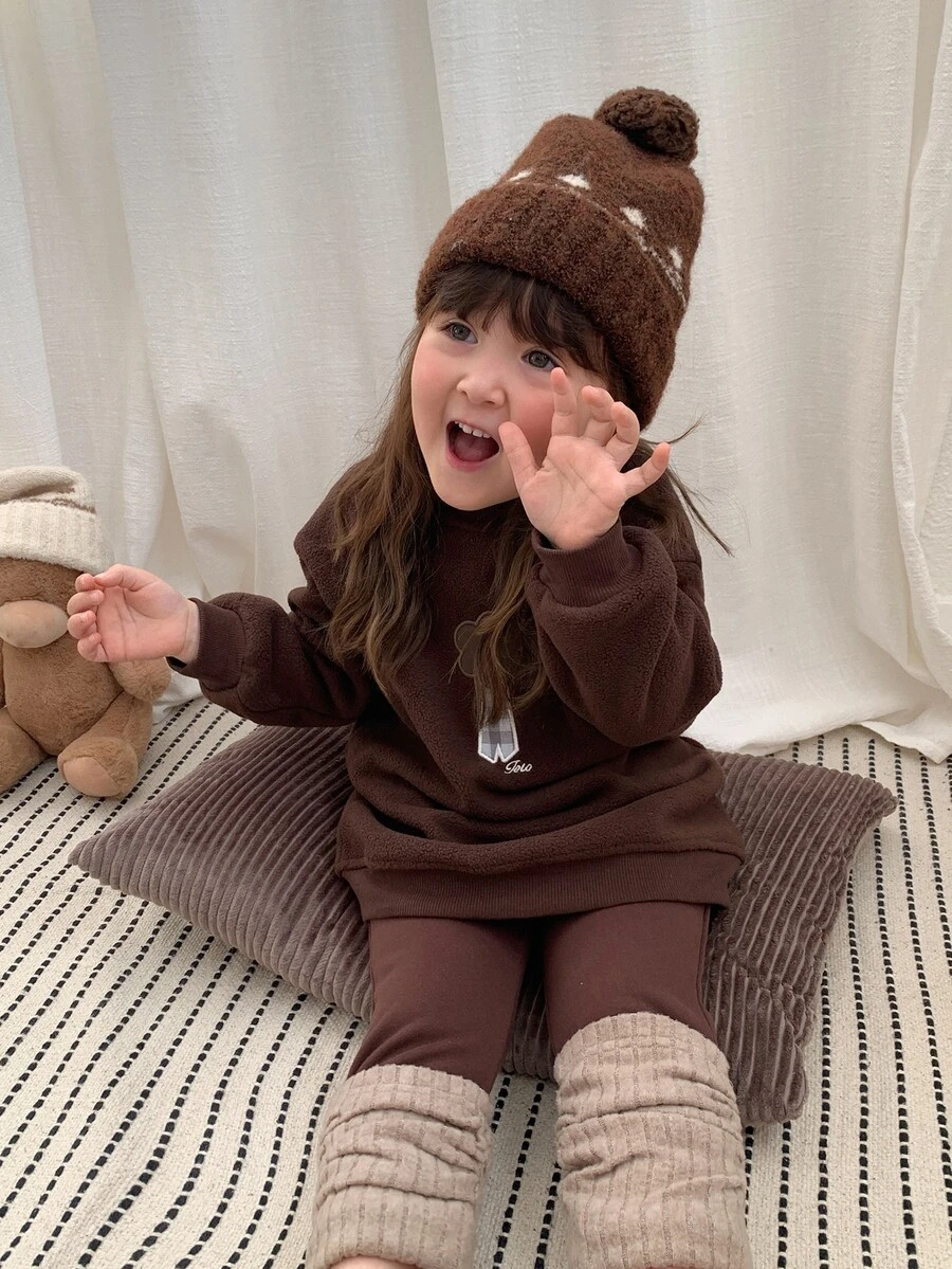 DAZY Baby Girl Embroidered Round Neck Drop Shoulder Long Sleeve Loose Fit Dress - Coffee Brown - View 1