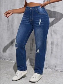 SHEIN MOD Plus Size Fashion Button Pocket Distressed Streetwear Denim Jeans - Medium Wash - View 3