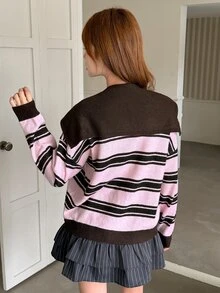 K-Vae 女款條紋拼接長袖上衣與水手領裝飾休閒日常兩件套 - 彩色 - 查看 2