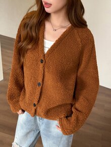 K-Vae 女款秋冬韓式復古棕色寬鬆百搭搖粒絨夾克外套 - 棕色 - 查看 7