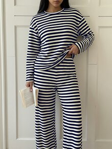 Glimmora Fashion Casual Basic Round Neck Long Sleeve Plus Size 2pcs Set Blue & White Striped Waffle Texture Fabric Pants - Multicolor - View 5