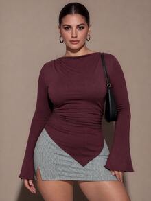SHEIN BAE CURVE Atasan Kasual Sehari-hari Serbaguna untuk Wanita Ukuran Plus Warna Polos dengan Detail Kerut dan Potongan Pas Badan - Burgundy - View 4