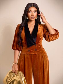 Brilight Velvet Contrast Lapel Short Sleeve Double Breasted Wrap Cropped Coat For Dinner Party Club Date Night Outfit Brown Striped Summer Elegant Mature - Gold - View 7