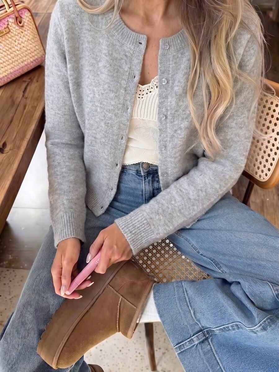 SHEIN Revavyn Women's Cardigan Fitted Knit Crew Neck Single Breasted Ribbed Cuffs Elegant Casual Old Money Grey Solid Fall Clothes For Women Fall - Light Grey - View 1