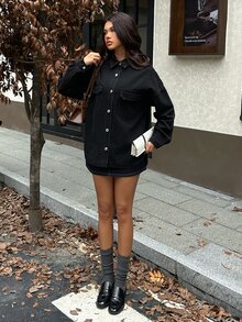 Rivivi 女款單排扣休閒牛仔夾克，適合日常穿著 - 黑色 - 查看 7