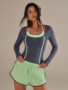 Athîral Women's Slim Fit Charcoal Grey Top,Stretch Knit,Layered Halter Neck,Contrast Piping,Colorblock,Autumn,Sporty Chic,Gym Running Daily,Two Piece Sets - Dark Grey - View 4