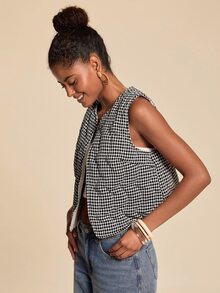 Travachic Women's Plaid Open Front Casual Vest Jacket - Black and White - View 4