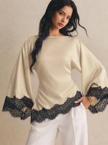 Poéselle Women's Lace Patchwork Casual Daily Long Sleeve Top - Khaki - View 3