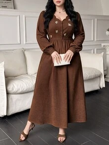 Feyla Đầm xếp ly tay dài cài cúc thêu phong cách vintage size lớn - Cà phê nâu - Xem 6