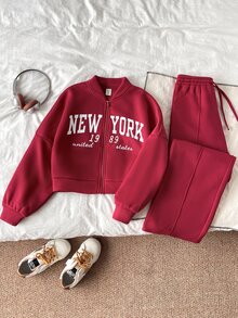 Kids Tween Girl 1pc Letter Graphic Zip Up Thermal Lined Bomber Autumn Winter Jacket & 1pc Wide Leg Sweatpants Set - Burgundy - View 3