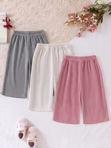 SHEIN Vintaside Kids 3件組幼女寬腿褲 可愛甜美 粉色/灰色/奶油色 羅紋蝴蝶結前綴 高腰 輕便 度假派對 夏季婚禮賓客 假期芭蕾 純色 - 彩色 - 查看 2