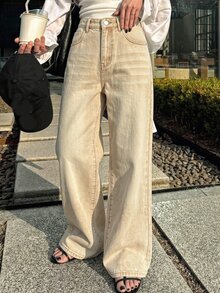 SHEIN EZwear Celana Jeans Longgar Serbaguna untuk Wanita dengan Kantong Kancing - Khaki - View 2