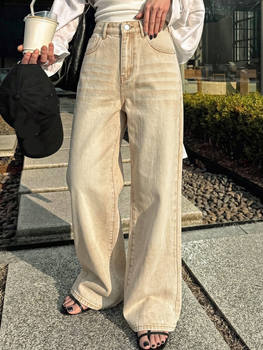 SHEIN EZwear Celana Jeans Longgar Serbaguna untuk Wanita dengan Kantong Kancing