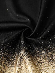 SHEIN Clasi Gold Sequin Gradient Print Cowl Neck Blouse And Mermaid Skirt Set. Suitable For Party - Black - View 3