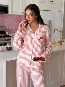 SweetSlumber Women's Heart Stripe Long Sleeve Single-Breasted Top And Pants Pajama Set - Multicolor - View 4
