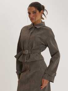 MUSEYN Jaket Abu-abu PU dengan Detail Tenun dan Sabuk Pengikat Pinggang, Serbaguna untuk Sehari-hari, Kasual, dan Musim Gugur. - Olive Green - View 3