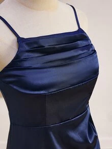 婚禮季青少年女孩高級緞面細肩帶柔軟面料長洋裝 正式禮服 適用於舞會 表演 生日派對 宴會 全季節 - 藏蓝色 - 查看 6