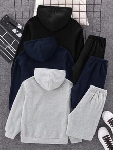 SHEIN 6件組兒童青少年男孩休閒日常百搭舒適印花圖案連帽套頭鬆款衛衣＋收口鬆顯長褲針織兩件套，加絨加厚衛衣套裝 - 彩色 - 查看 2
