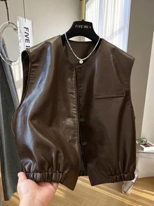 GlowEve Women's Solid Color PU Leather Casual Versatile Daily Jacket - Coffee Brown - View 1