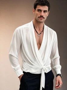 ZURIURI Men's Flowy Tie-Neck Elegant Luxury Long Sleeve Shirt - White - View 5