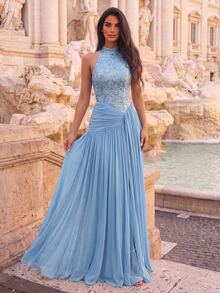 Glamrae Elegant Luxurious 3D Floral Lace Sequin Embroidered Patchwork Elastic Knit Mesh Ruched High Slit Full Skirt Evening Gown Suitable For Wedding Events Bachelor Party Vacation Festival Gathering Music Festival Graduation Season Dinner Party - Blue - View 7