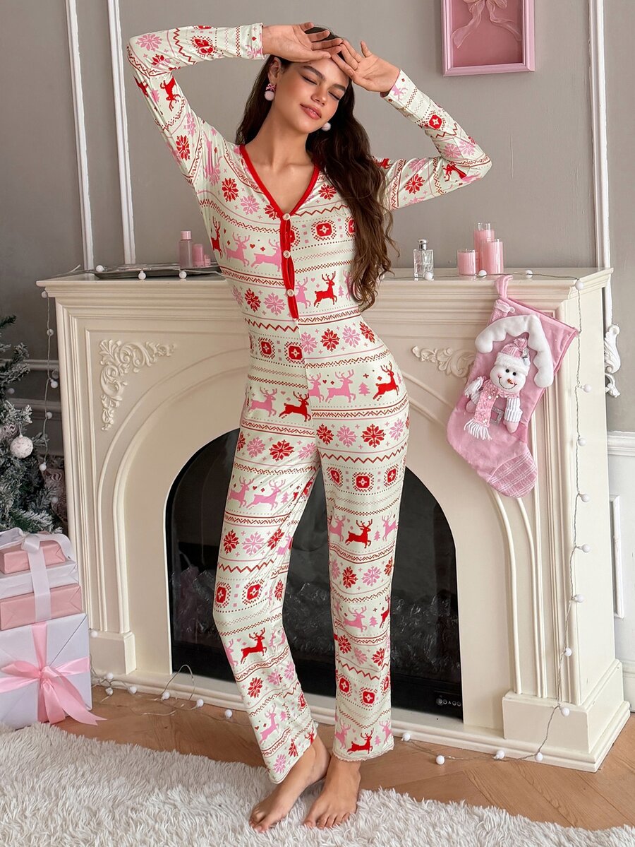 SweetSlumber Women's Christmas Reindeer Print Long Sleeve Milk Silk Jumpsuit Pajamas - Multicolor - View 1