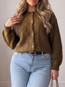 Vionelle كارديجان محبوك بتصميم كابل مقاس كبير بياقة دائرية وأكمام طويلة وأزرار أمامية وكتف منسدل جاكيت محبوك للخريف والشتاء - خردل الأصفر - مشاهدة 3