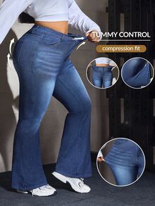 Flexra Festival Plus Size Women Blue Stretch Sexy Skinny Flare Jeans - Dark Wash - View 1