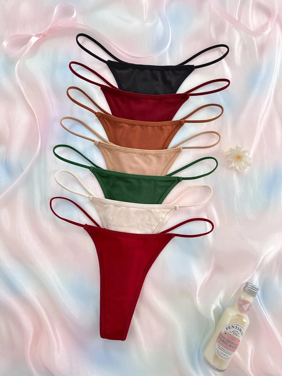SHEIN مجموعة 7 قطع من سراويل داخلية نسائية بتصميم ثونغ بحزام رفيع ناعم ومريح - متعدد الألوان - مشاهدة 1