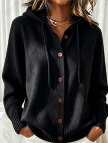 Balvessa Women's Vintage Fashion Button Long Sleeve Hooded Sweater - Black - View 3