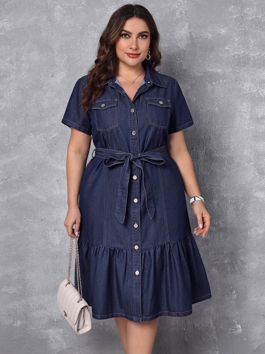 SHEIN Fall Vintage Cute A Line Button Up Ruffle Collar Belted Short Sleeve Blue Denim Going Out Plus Size Denim Dress For Women - Dark Wash - View 1
