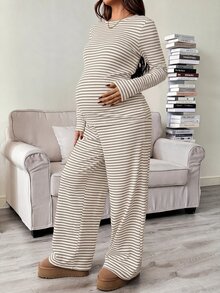 SHEIN Striped Slim Fit Set Round Neck Long Sleeve T-Shirt And Adjustable Waist Wide Leg Pants Fall - Apricot - View 3