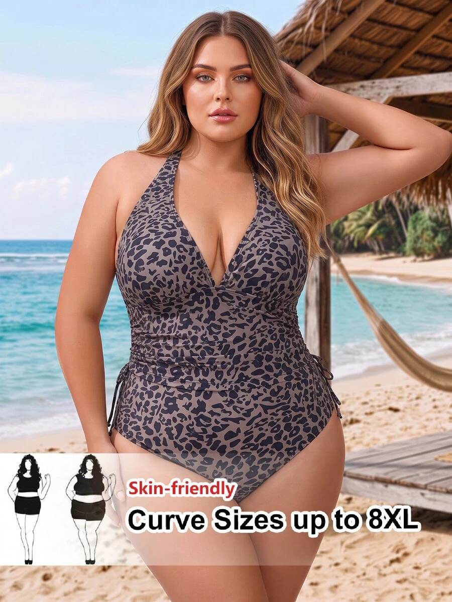 SHEIN CURVE+ Set Tankini Halter Motif Leopard Ukuran Besar untuk Wanita, Cocok untuk Liburan di Pantai - MultiWarna - View 1