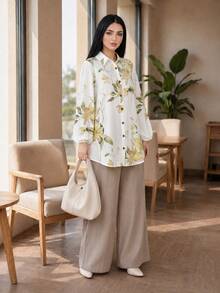 Auveirra Plus Size Women Floral Print Long Sleeve Top And Pants Casual Daily 2 Pieces Set - Brown - View 5