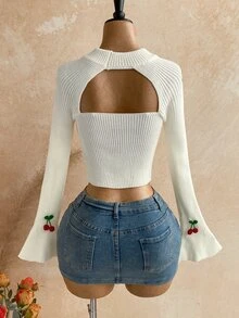 Soleia Women's Small Cherry 3D Embroidered Bell Sleeve Cropped Sweater - Multicolor - View 2