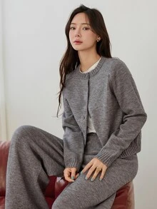 Dazy-Less Women's Solid Color Long Sleeve Top And Pants Casual Daily Knit Two Pieces Set - Dark Grey - View 5