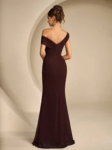 Coutiva Women's Solid Color Off-Shoulder Slit Design Elegant Waist-Cinching Formal Evening Gown Dress - Brown - View 2