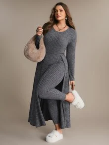 Freevana Ribbed Knit Two Pieces Set With Long Slit Tunic And Stretch Leggings, Cozy Loungewear-To-Streetwear - Dark Grey - View 4