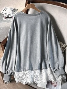 Lacomfia 女款 2 合 1 長袖蕾絲拼接休閒百搭大尺碼衛衣 - 灰色 - 查看 2