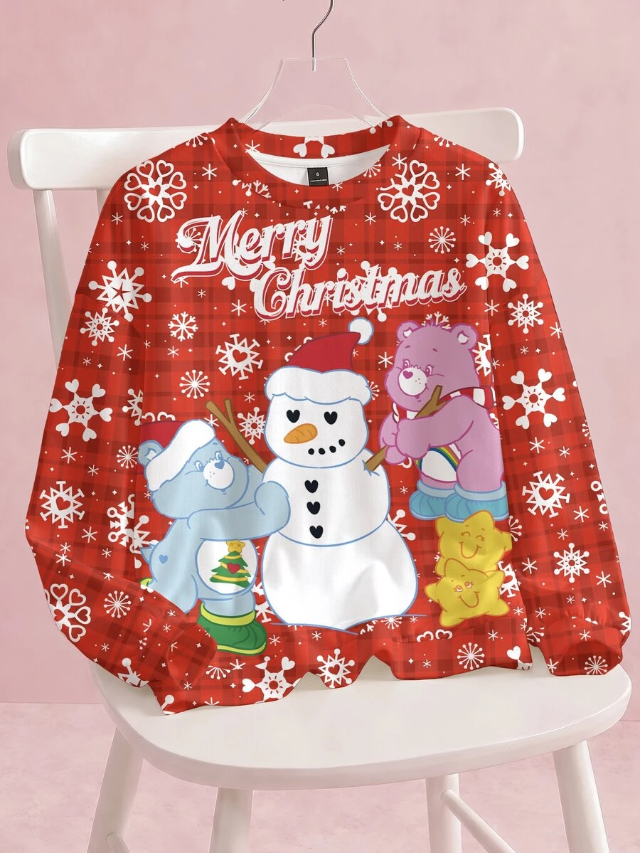 SHEIN X Care Bears Christmas Cute Bear Snowflake Red Plaid All-Over Print Women's Sweatshirt Full Pattern - White - View 1